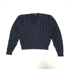 日本製 ウール100% ケーブル編み Vネックニット 長袖 ブラック M