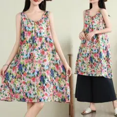 人気新作 大きいサイズ プリント Aライン ひざ丈ワンピース ゆったり 丸襟