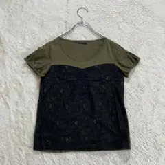 【ミンクチェアー】2 カーキ×黒 カットソー 半袖 レース カジュアル 夏