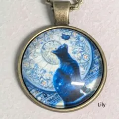 ✨ 青 アンティーク 猫 蝶 ペンダント ネックレス レトロ ブロンズ 猫好き