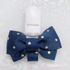 ☆リボン名札クリップ なふだちゃん ネイビー色ゴールドドッド柄リボン