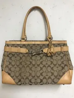 Coach ハンドバッグ ブラウンとベージュ キャンバスとレザー