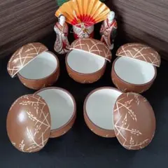 蓋付き稲模様陶器お椀5個セット