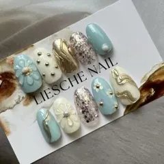 オーダーネイルチップ ぷっくりフラワーネイル ニュアンスネイル ちゅるんゴールド