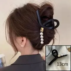 パール付リボン型バンスクリップ 黒 大きめ しっかりホールド