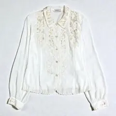花柄刺繍 レース襟 透け感ブラウス 長袖 ヴィンテージ ゴールドボタン 上品
