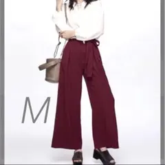 レディース　ウエストリボンワイドパンツ　M ワイン色　赤　秋冬　ガウチョパンツ