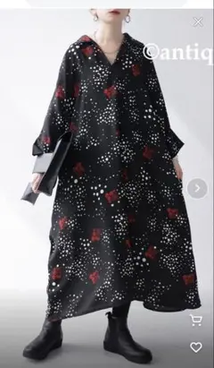 antiqua アンティカ花柄デザインシャツワンピースドットVネックゆったり