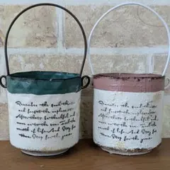 リメ缶　 2個セット ピュアホワイト&グリーン　BOOK＆英字　デコパージュ