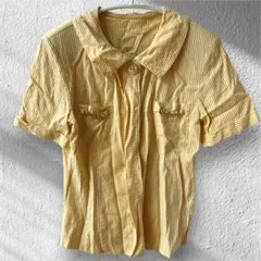 昭和レトロ　古着　半袖ブラウス　ストライプ　レトロボタン　金ボタン　クラシカル