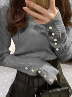 即発送♡【新品】GRL グレイル クルーネック 袖ボタン リブニットトップス