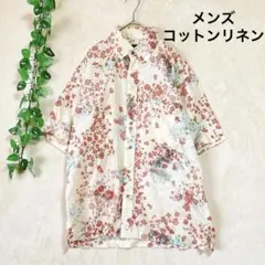 a1962美品ゴールデンベア ボタニカル総柄半袖 ボタンダウンシャツM綿麻のサムネイル