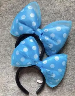 ディズニー　カチューシャ　ミニー　デカリボン　水玉　水色　ブルー　ドット　ビッグ