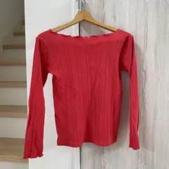 リブ編みレッド長袖トップス Mサイズ