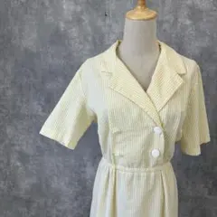 サッカー生地 ストライプ模様 ダブルプレストワンピース レモンイエロー色 M相当