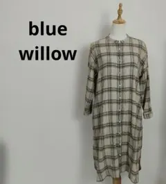 【blue willow】バンドカラー チェック柄 ロングシャツワンピース 綿麻