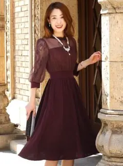 PourVous　プールヴー　七分袖ドレス（ボルドー）