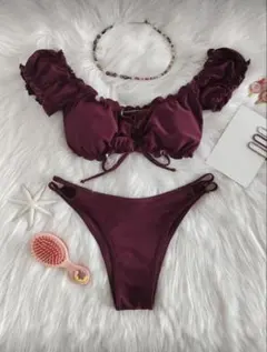 バーガンディ　フリルビキニ　水着