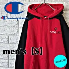 W38【Champion】刺繍パーカー【メンズS】レッド/ブラック
