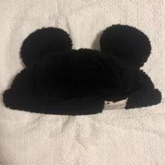 (412)東京ディズニーリゾート　ミッキー耳付ボア帽子　黒　ブラック