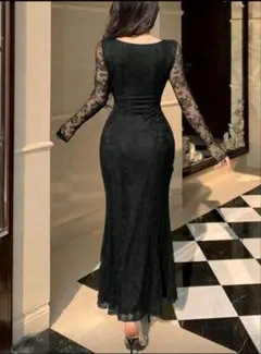 レース袖ブラックマーメイドドレス