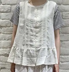 Samansa Mos2 ドビーダブル釦レースブラウス　キナリ