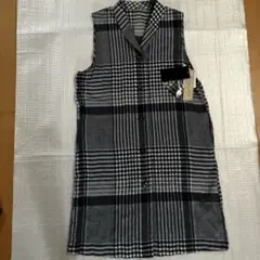 【新品】チェック柄 ノースリーブ シャツ ロングジレ ベスト チュニック 襟付きのサムネイル