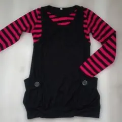 女児　黒とピンクのストライプ 長袖ワンピース　160