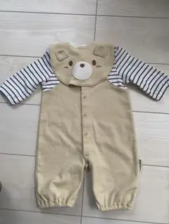 ロンパース 50〜70cm ベージュ ストライプ くまのスタイ付き
