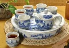 茶盤 中国茶道具 美しい白と青 丸型 陶器製 (山水画)