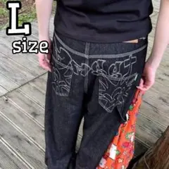 L バギーデニム ジーンズ ワイドパンツ y2k アメカジ 刺繍 極太 刺繍ロゴ