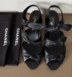 CHANEL レザー リボンサンダル ココマーク 黒38.5のサムネイル