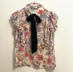 ダブルスタンダード 北川景子着用 花柄プリーツブラウス 36 フリル袖