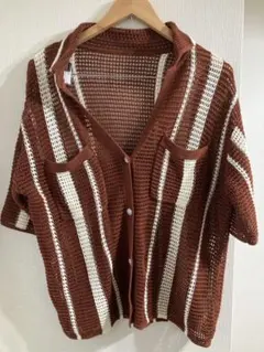 美品　LOWRYSFARM　ブラウンとホワイトのストライプカーディガン