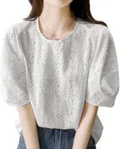 ブラウス レディース 刺繍 レース シャツ 花柄 半袖 パフスリーブ 裏地付き