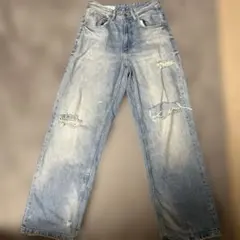 ZARA ライトブルー ダメージ加工 ワイドレッグデニム