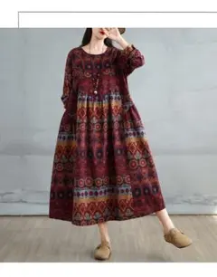 Aラインワンピース プリント 長袖 大きいサイズ 着痩せ効果 体型をカバー