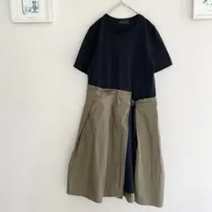 巻きスカート風ドッキングワンピース　ブラック×カーキブランドタグ無し189b