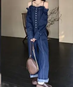 オフショルダー デニム　オールインワン　ジャンプスーツ