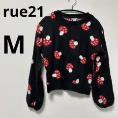 rue21 キノコ柄 ニット セーター M 黒 赤 長袖 総柄 個性派 ポップ