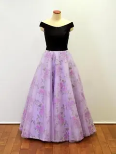 ドレス オフショルダー ブラックサテン＆パープル系花柄スカート 9号