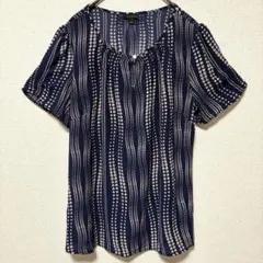 カットソー 半袖 花柄 紺 M ギャザー 上品のサムネイル