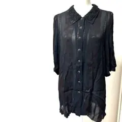 シアーブラウス　レース襟　ドット柄　5分丈　ブラック　黒　長め　レース　おしゃれ