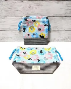 お弁当袋＆コップ袋(巾着袋) 水色 動物柄 花柄  通勤通学 ねこ フラミンゴ