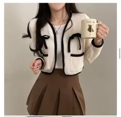 アイボリー カーディガン リボン　amood ワッフル　ニット