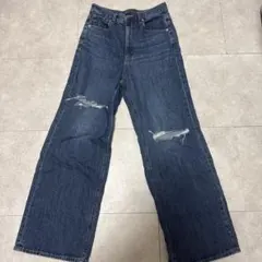 ワイドレッグデニム 濃紺 ダメージ加工