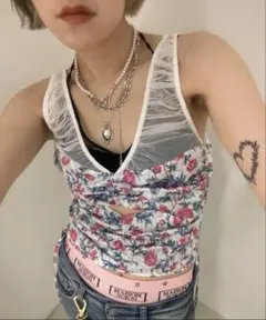 fetico FLOWER PRINT GATHERED TOP