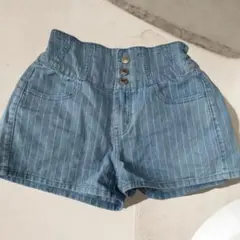キッズ青いストライプ ハイウエストショートパンツ XS