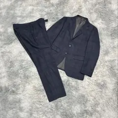【美品】ORIHICA 3釦 チェック 洗える○ 青紺 スーツ セットアップ