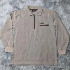 ハーフジップ ポロシャツ 長袖 ベージュ ストライプ M